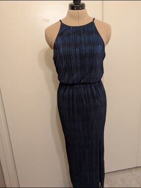 Lush Navy Shimmer Pleated Halter Maxi Dress